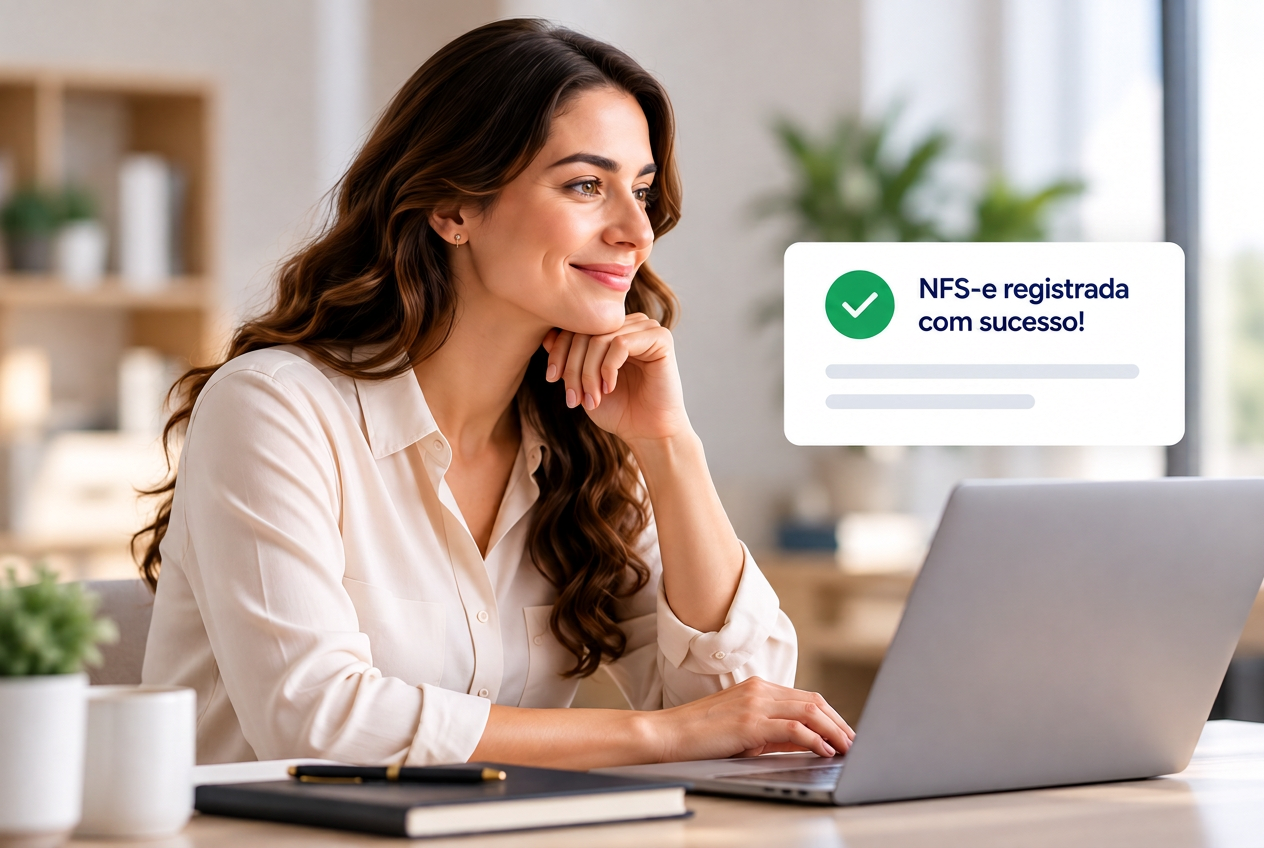 Empreendedora trabalhando no notebook, com o aviso de NFS-e registrada com sucesso